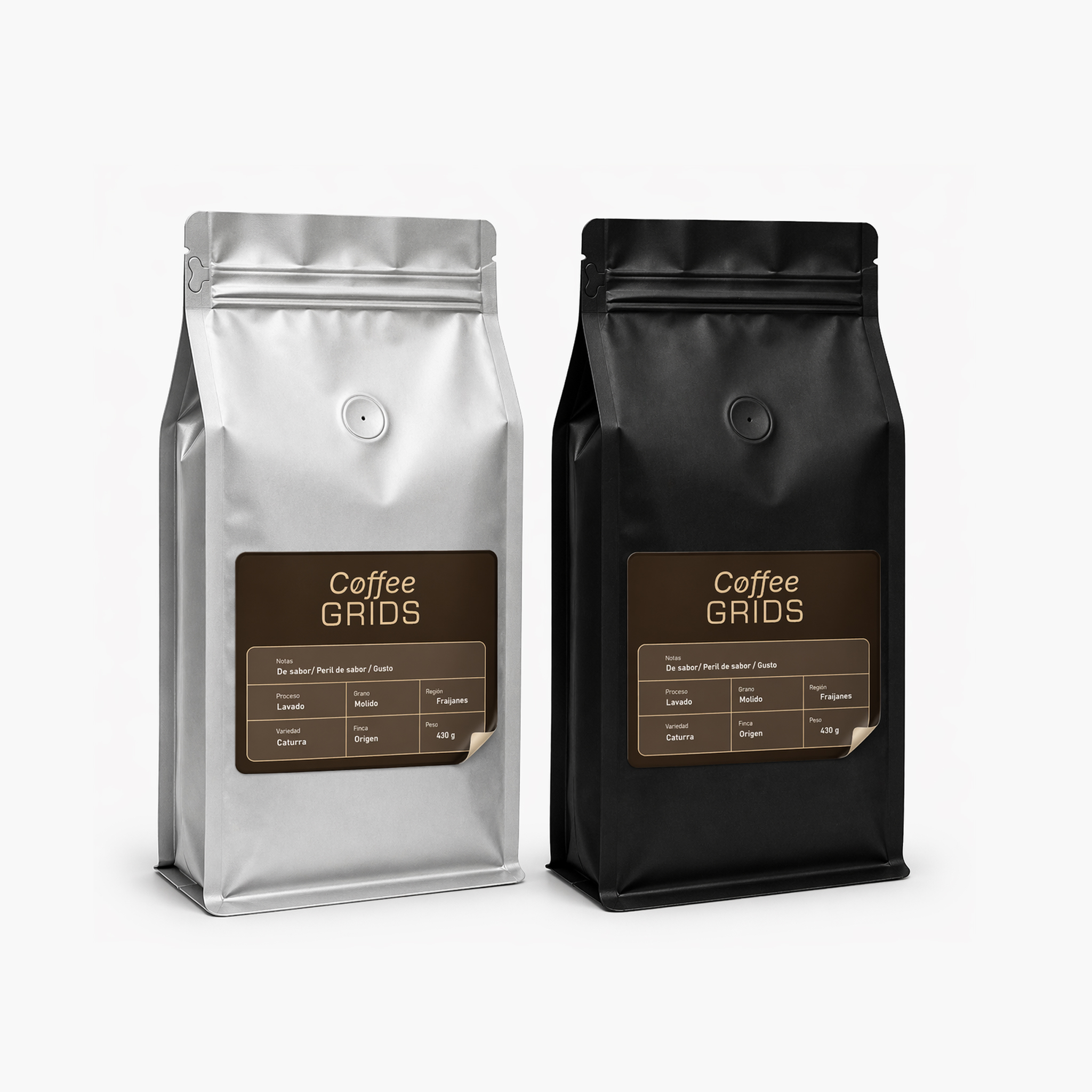 pack de bolsas para café de 500g con diseño personalizad. Branding para marcas de cafe en Guatemala